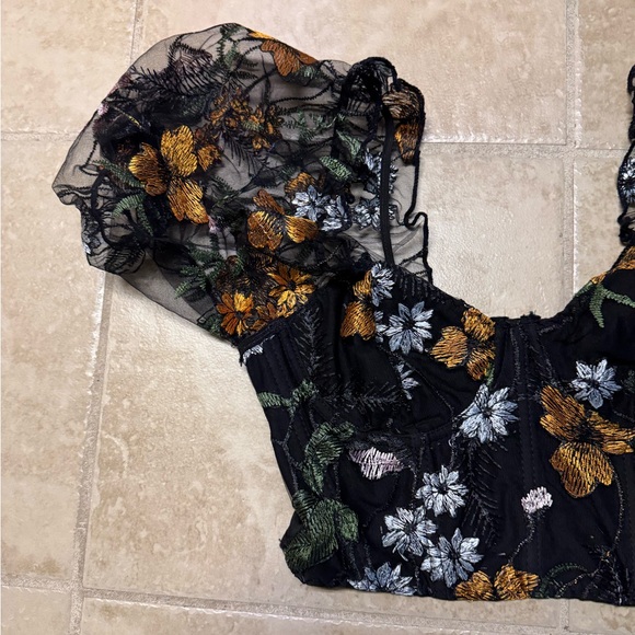 Sheer Floral Puff Sleeve Bustier Crop Top | Black Mesh Festival Party S/M - Picture 2 of 9